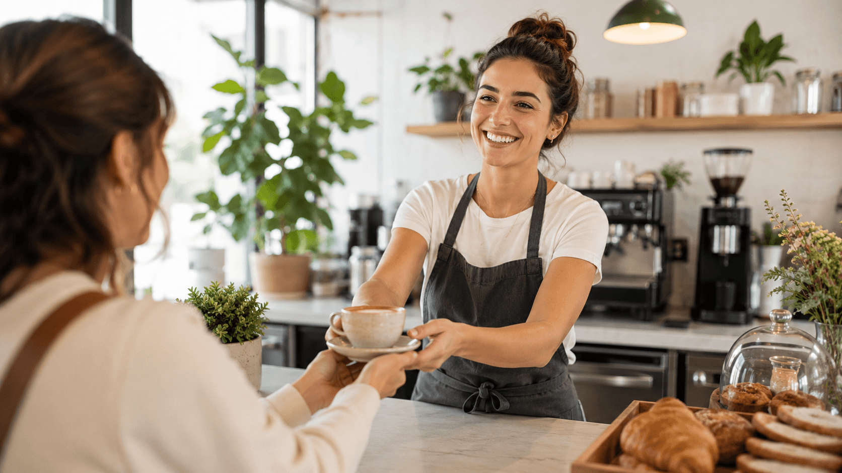 Café owner serving a customer in a bright venue